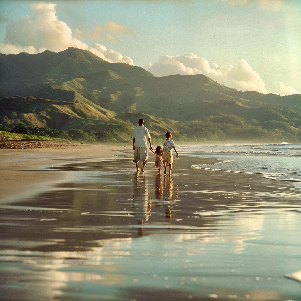 a family walking on a Lombok beach - is lombok a good place to live