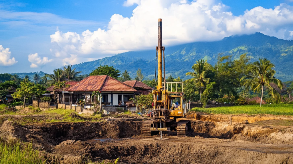 Heavy machinery drilling a water well in Bali