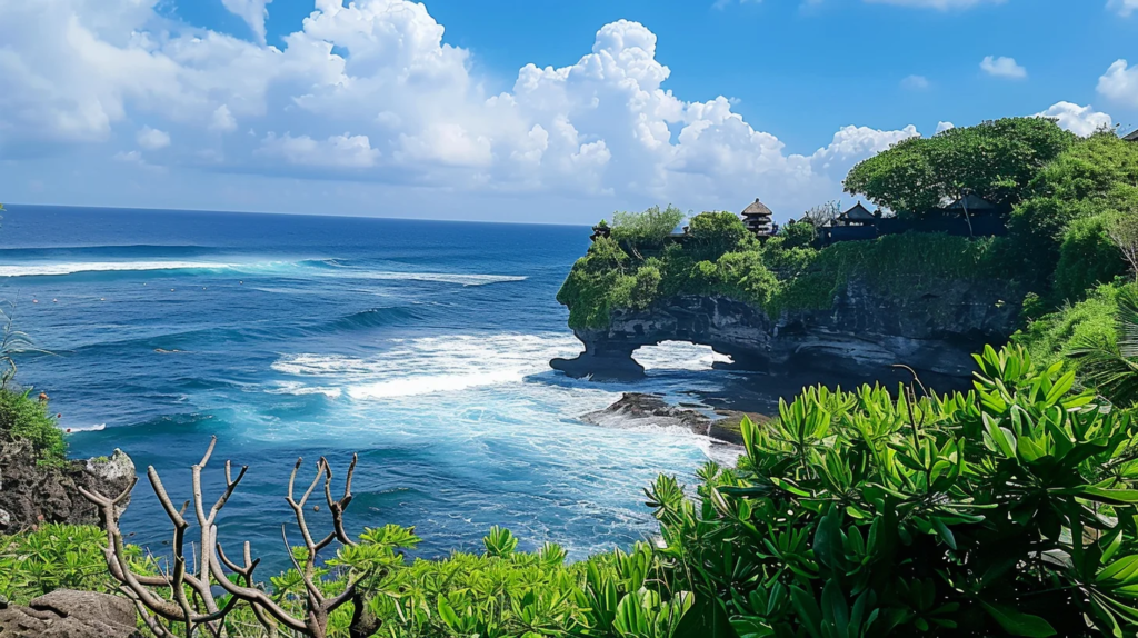 A view of the ocean from tanahaying temple in bali, motif featuring sea waves and lush greenery.