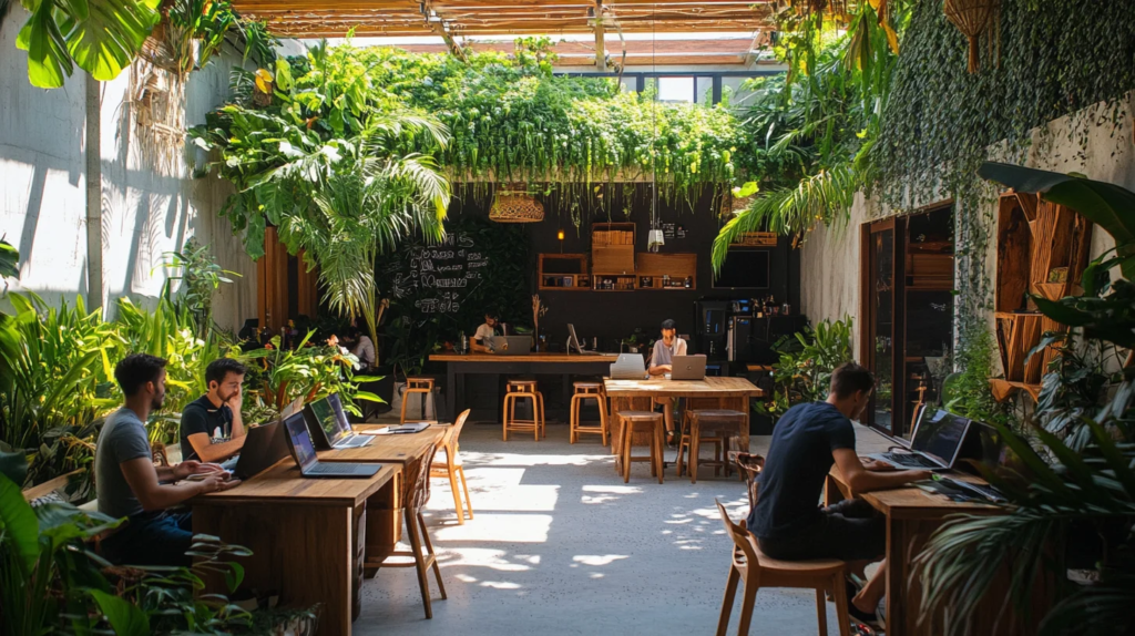 Green coworking space in bali - full of green lush plants