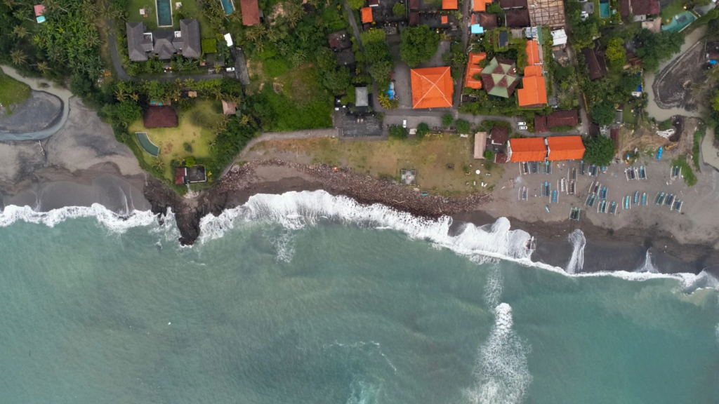 Seseh beach aerial view on a cloudy day